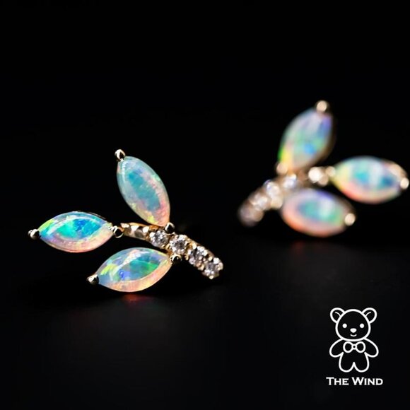 The Wind Opal Jewelry - Olive Branch Leaf Design Australian Solid Opal Diamond Stud Earrings 14K Yellow